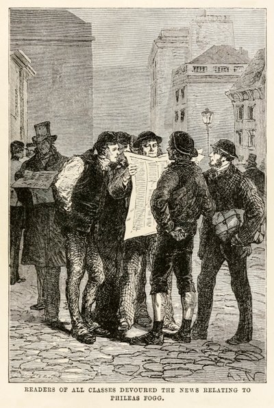 Lesere i alle klasser slukte nyhetene knyttet til Phileas Fogg, fra Around the World in Eighty Days av Jules Verne (1828-1905), gravert av Louis Dumont (f.1822) 1873 av after Alphonse Marie de Neuville