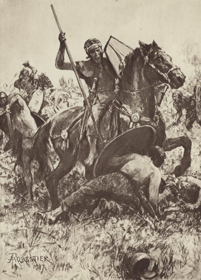 Auxiliary Cavalry angriper tyske stammemenn av after Amedee Forestier