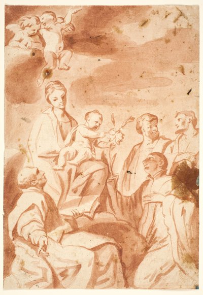 Madonnaen og barnet troner med Sts Ignatius av Loyola, Francis Xavier, Cosmas og Damian av after Andrea Sacchi