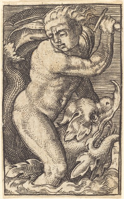 Kopi i revers av "Sea-God to the Left Riding on a Dolphin" av after Barthel Beham