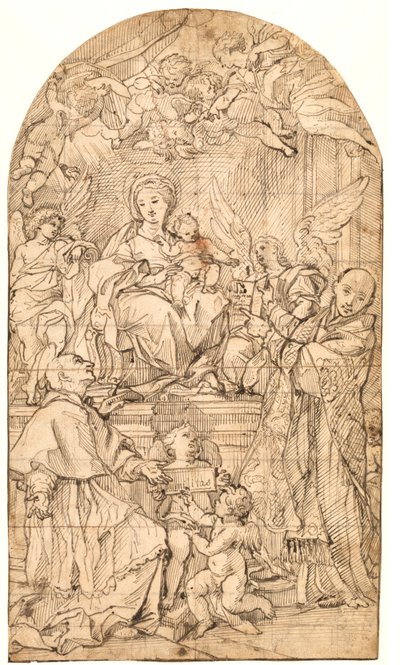 Madonnaen og barnet troner, flankert av engler og de hellige Charles Borromeo og Ignatius av Loyola av after Carlo Maratti