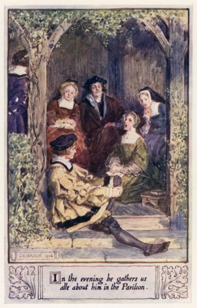 Om kvelden samler han oss alt om ham i Paviljongen av after Charles Edmund Brock