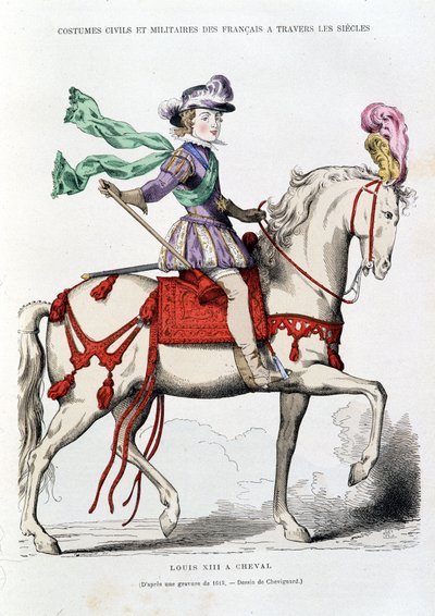 Ludvig XIII til hest fra en gravering fra 1615 - Tegning av Chevignard. av after Chevignard