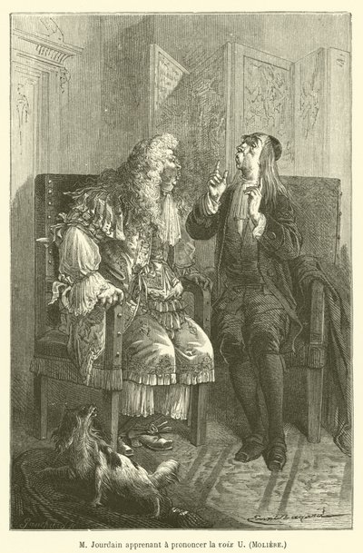 M Jourdain lærer å uttale stemmen U, Moliere av after Emile Antoine Bayard