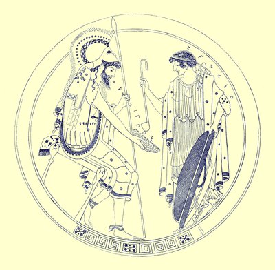 En sittende kriger holder vinkoppen sin, illustrasjon fra Greek Vase Paintings av J. E. Harrison og D. S. MacColl, utgitt 1894 (digitalt forbedret bilde) av after English School