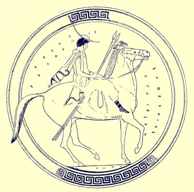 Gutt på hest, illustrasjon fra greske vasemalerier av J. E. Harrison og D. S. MacColl, utgitt 1894 (digitalt forbedret bilde) av after English School