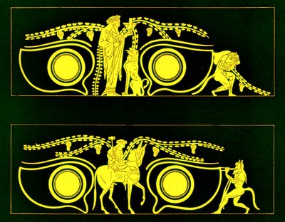 Dionysos, Hephaistos and satyrs, illustrasjon fra greske vasemalerier av J. E. Harrison og D. S. MacColl, utgitt 1894 (digitalt forbedret bilde) av after English School