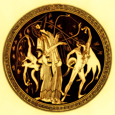 Dionysos og satyrer, illustrasjon fra greske vasemalerier av J. E. Harrison og D. S. MacColl, utgitt 1894 (digitalt forbedret bilde) av after English School