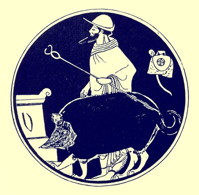 Hermes og den maskerte hunden, illustrasjon fra greske vasemalerier av J. E. Harrison og D. S. MacColl, publisert 1894 (digitalt forbedret bilde) av after English School