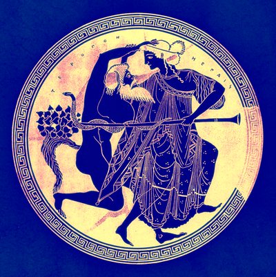 Satyr og Maenad, illustrasjon fra greske vasemalerier av J. E. Harrison og D. S. MacColl, utgitt 1894 (digitalt forbedret bilde) av after English School