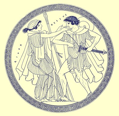 Theseus og Aethra, illustrasjon fra greske vasemalerier av J. E. Harrison og D. S. MacColl, publisert 1894 (digitalt forbedret bilde) av after English School