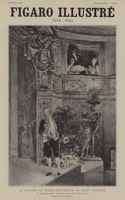 Den franske skuespilleren Louis Arsene Delaunay resiterer Jules Clareties-diktet A Trianon på Theatre de Marie Antoinette ved Petit Trianon, Versailles av after Felicien baron de Myrbach-Rheinfeld