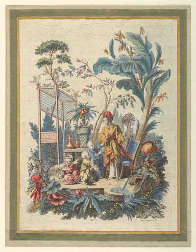 Plate 7 av et sett med kinesiske sjangerscener av after Francois Boucher