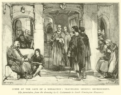 Scene ved porten til et kloster, reisende som søker forfriskning av after George Cattermole