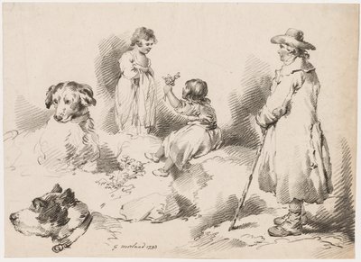 Studier av barn (To små jenter); To hunder; En mann av after George Morland