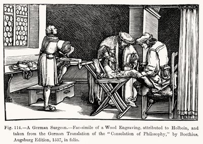 En tysk kirurg, fra Consolation of Philosophy av Boethius, illustrasjon fra Science and Literature in the Middle Ages and Renaissance, skrevet og gravert av Paul Lacroix, 1878 (bw ph) av after German School