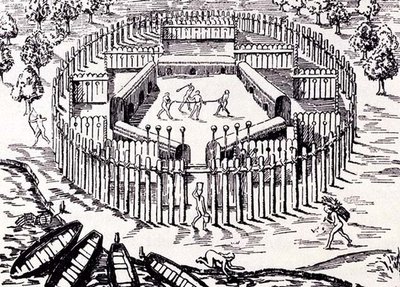 En Guarani-landsby, fra Gottfrieds Historia Antipodum, pub. i 1655, fra The Romance of the River Plate, Vol. I, av W.H. Koebel, 1914 av after German School