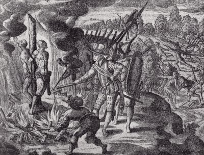 Spanjolenes hevn for Ayolas død, fra Gottfrieds Historia Antipodum, pub. i 1655, fra The Romance of the River Plate, Vol. I, av W.H. Koebel, 1914 av after German School