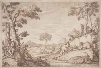 En pastoral reise med en gutt som spiller sin fløyte ved et tre av after Giovanni Benedetto Castiglione Gaetano Zompini