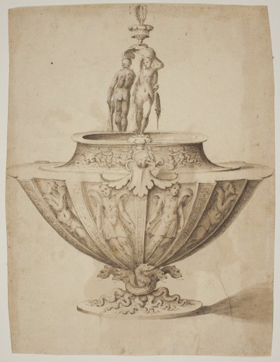 En praktfull skål med figurer og marine scener på en base omkranset av slanger av after Giulio Romano