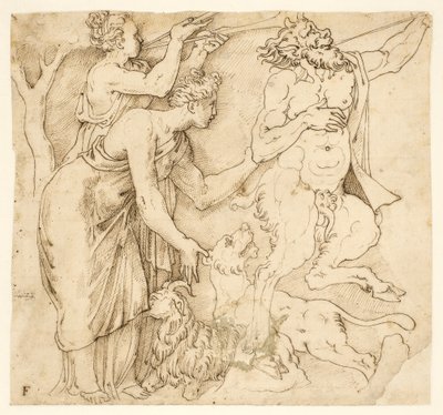 En satyr, to kvinner, en løve og en geit av after Giulio Romano