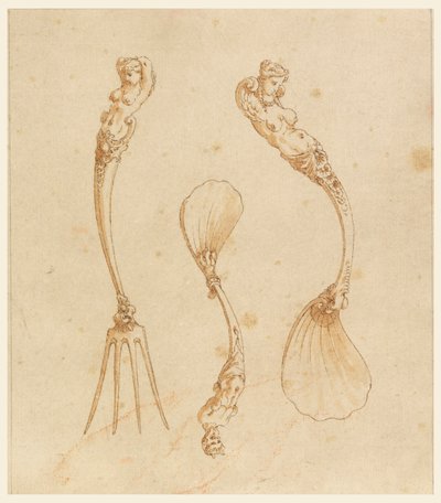 Design for en gaffel og to skjeer av after Giulio Romano