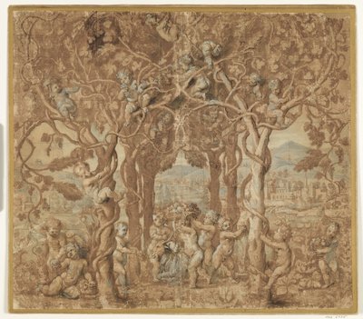 Putti høster vin og leker med en geit av after Giulio Romano