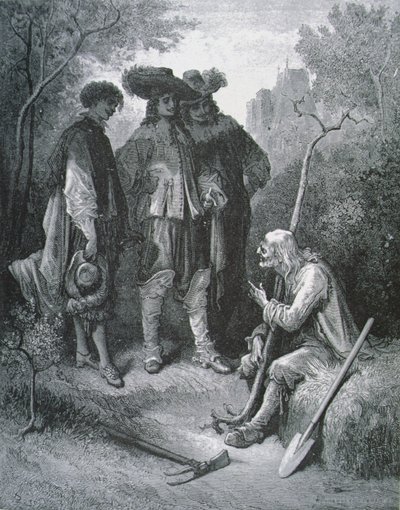 Illustrasjon for The Old Man and the Three Young Men, fra Fables av Jean de La Fontaine (1621-95) av Gustave after Dore