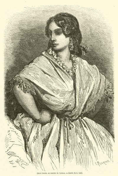 Ung kvinne på Valencia-markedet av Gustave after Dore