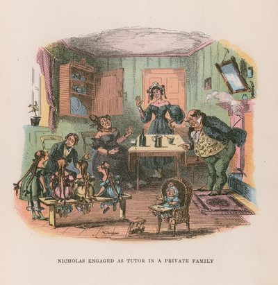 Illustrasjon for Nicholas Nickleby (farge litho) av after Hablot Knight Browne