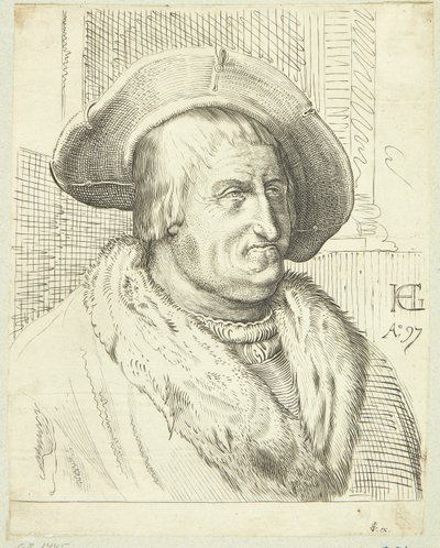 Fantasiportrett av gammel mann med hatt av after Hendrick Goltzius