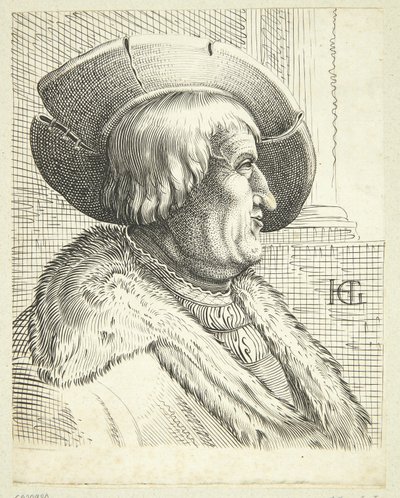 Fantasiportrett av gammel mann med hatt i profil av after Hendrick Goltzius