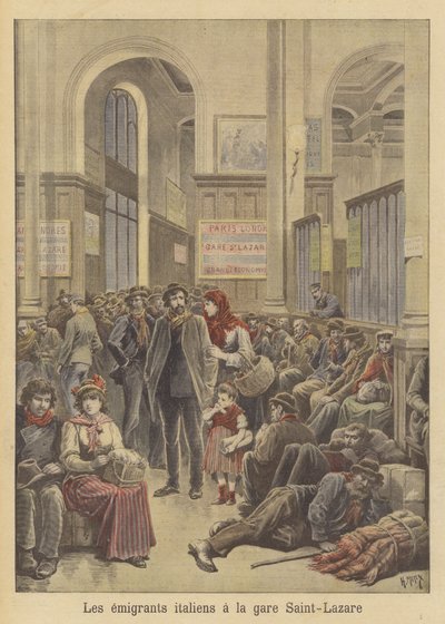 Italienske emigranter til Amerika ved Gare Saint-Lazare av after Henri Meyer