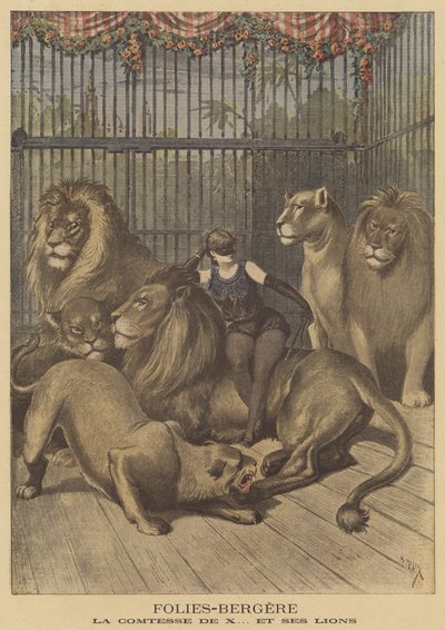 Grevinnen av X og løvene hennes ved Folies-Bergere av after Henri Meyer