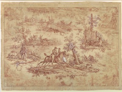 Tegneserie for bomullstrykt tekstil, La Route de Jouy av after Horace Vernet