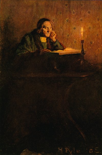 En ryddig og skrumpet herre satt ved et skrivebord av after Howard Pyle