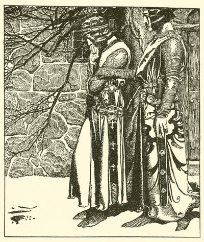 Sir Kay avbryter meditasjonene til Sir Percival av after Howard Pyle