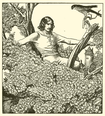 Sir Launcelot klatrer for å fange kvinnefalken av after Howard Pyle