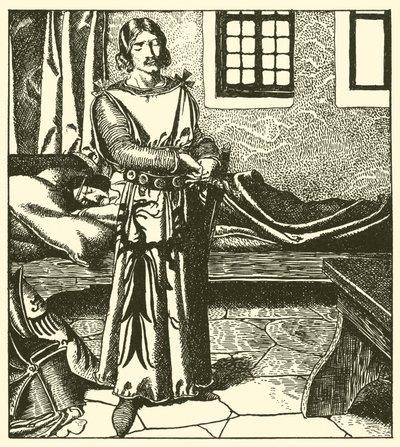 Sir Launcelot tar rustningen til Sir Kay av after Howard Pyle