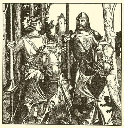Sir Percival og Sir Lamorack rir sammen av after Howard Pyle