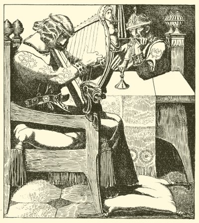 Sir Tristram harpet foran kong Mark av after Howard Pyle