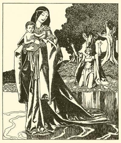 Lady Nymue bærer bort Launcelot inn i innsjøen av after Howard Pyle