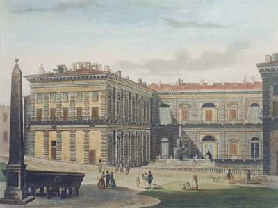 Innvendig gårdsplass i Palazzo Pitti, Firenze, gravert av Johann Falkeisen (1804-83) og fargelagt av L. Cherbuin, ca. 1842 (akvatint) av after Italian School