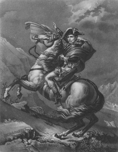 Napoleon Bonaparte krysser Alpene av after Jacques Louis David