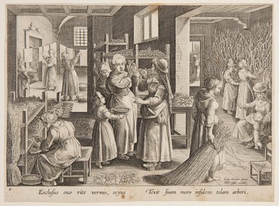 Mating av morbærblader til silkeormene av after Jan van der Straet, called Stradanus
