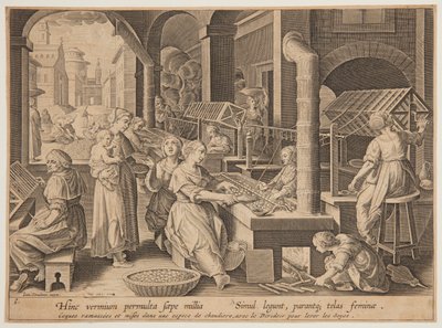 Vikle av silkekokongene av after Jan van der Straet, called Stradanus
