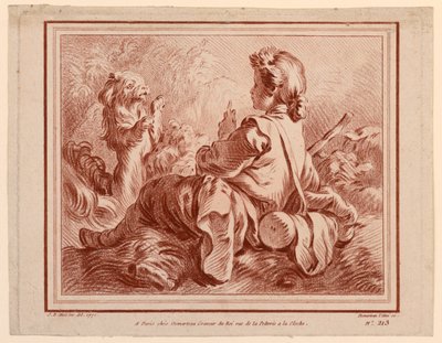 Sittende gjeter leker med en hund av after Jean Baptiste Huet