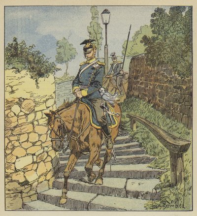 Ved Chateaudun stiger to forfulgte uhlaner ned på hesteryggen steintrappen med 200 trinn av after Louis Charles Bombled
