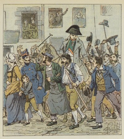 Da han kom tilbake fra øya Elba, ble keiseren mottatt på Faubourg Saint-Antoine med enestående entusiasme. av after Louis Charles Bombled