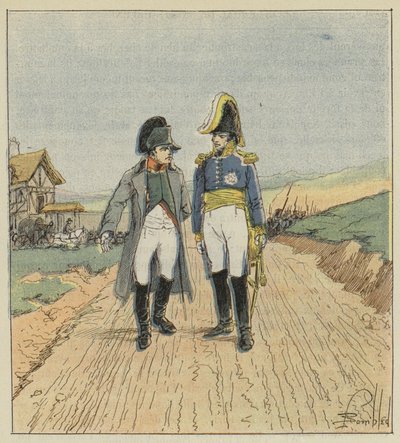 På vei til øya Elba møter Napoleon Augereau av after Louis Charles Bombled